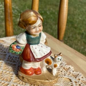 Vintage 3” Ceramic Girl W/ Basket & Cat Hand Painted Tooth Pick Holder